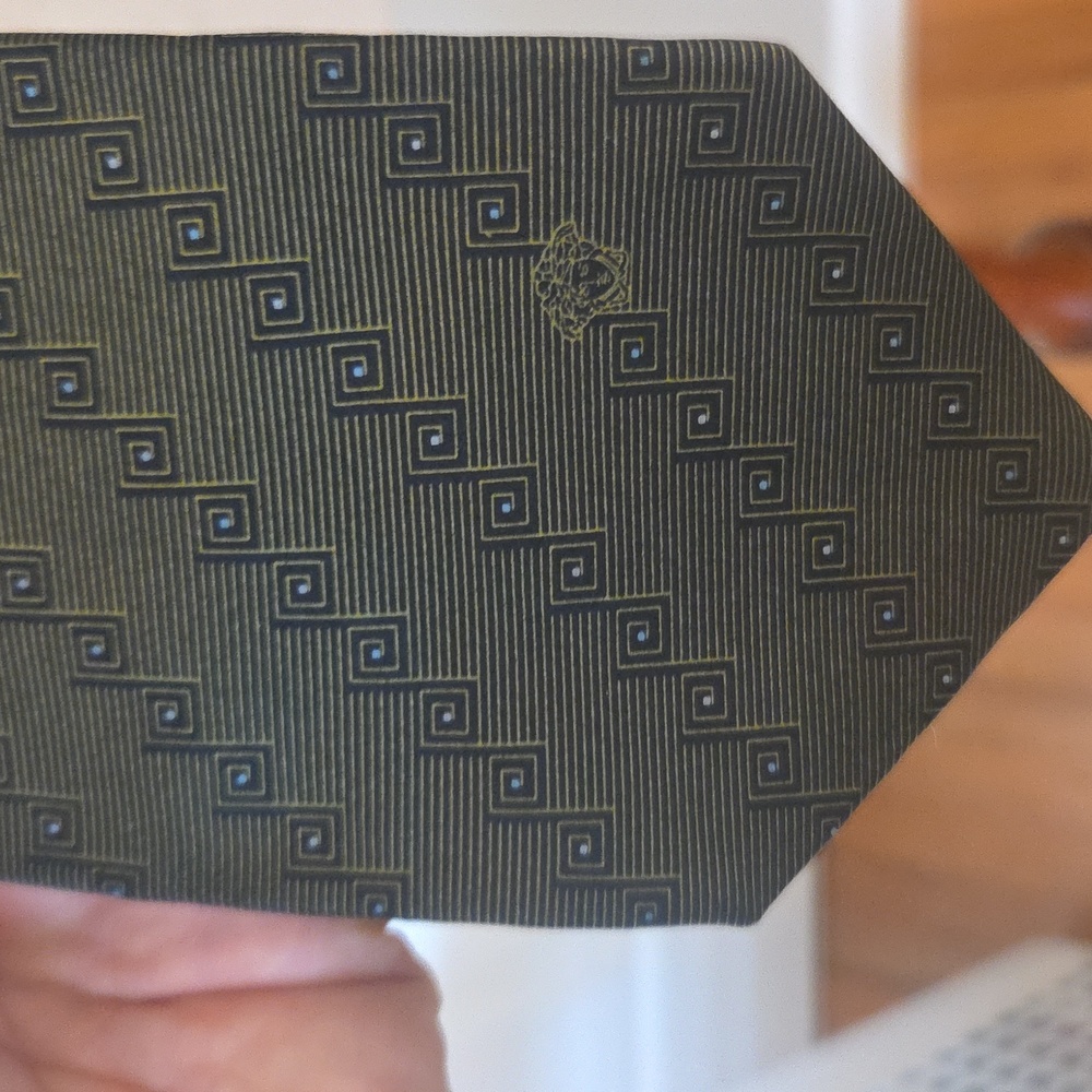 Versace Black and Greenish Gold Patterned Tie